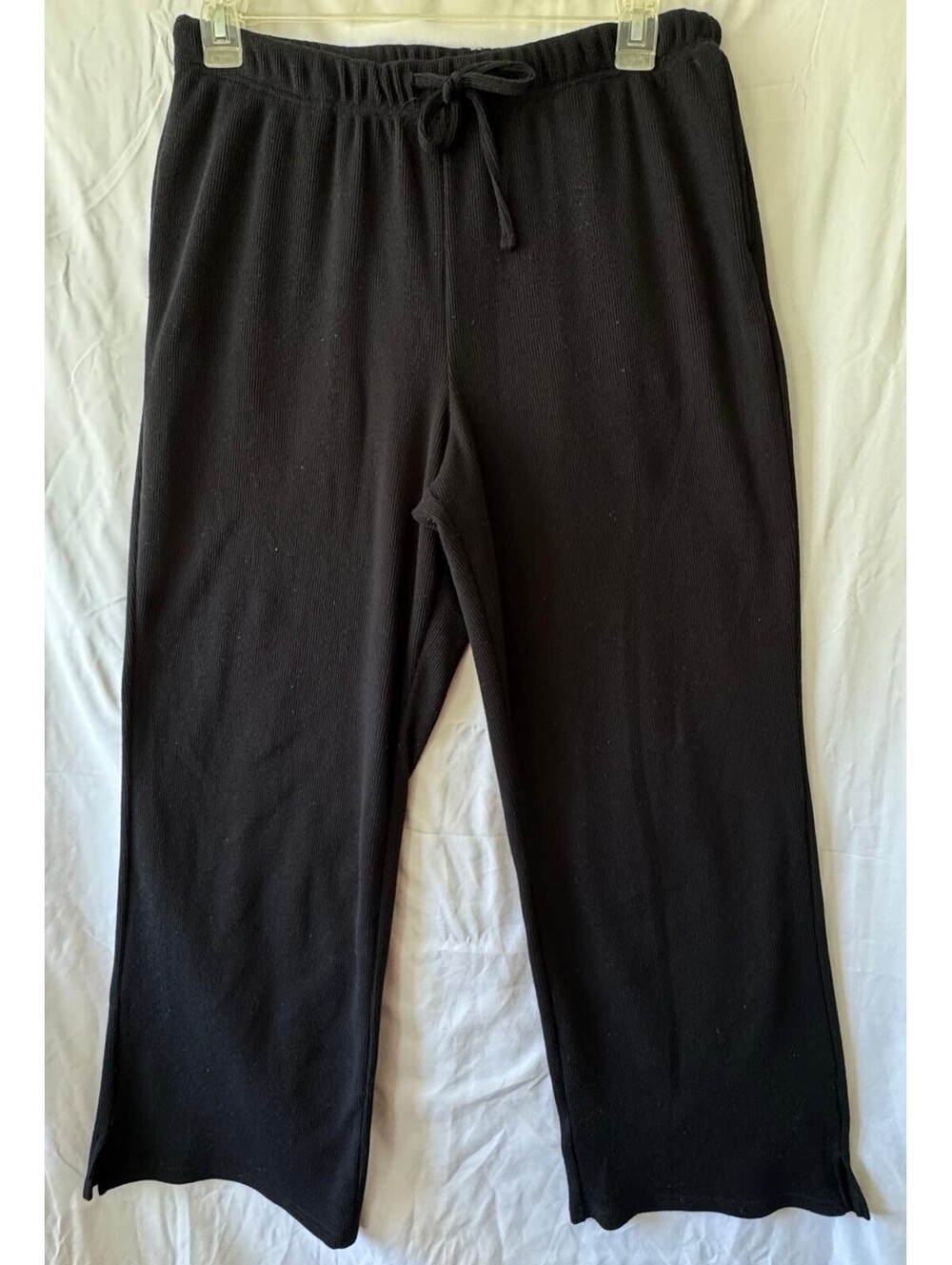 Olive + Oak Pants L Black Ribbed Wide Leg Drawstring Lounge Slit Hem